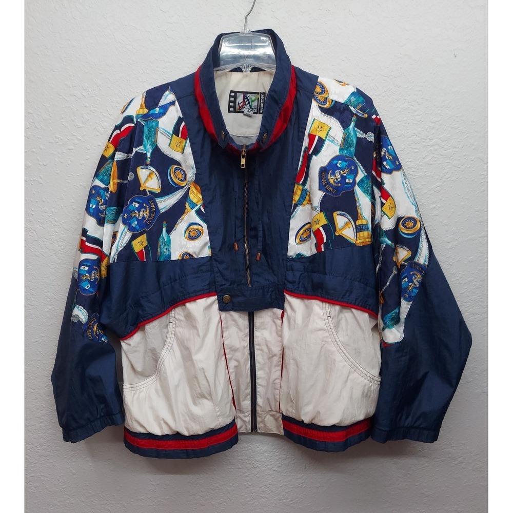 Vtg 90s River Edge Nylon Windbreaker Jacket‎ Womens 3X Blue Red Nautical Bomber